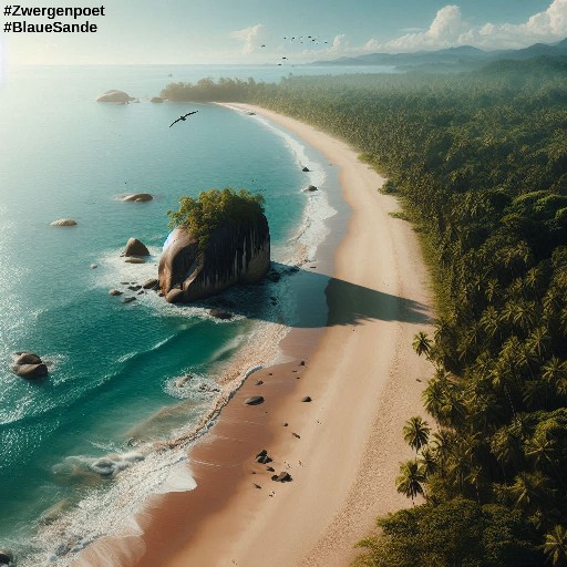 Ein langer Sandstrand in den Tropen, gelegentlich sieht man einen großen Stein aus dem Wasser ragen. Das Meer befindet sich rechts vom Strand, der Dschungel ist links. Ein Vogelschwarm fliegt über den Bäumen.